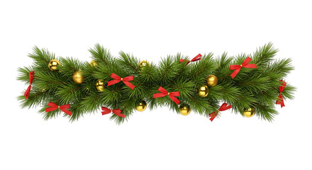 Festive christmas garland with red bows and golden ornaments isolated on transparent background