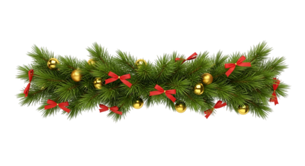 Festive christmas garland with red bows and golden ornaments isolated on transparent background