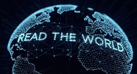 Digital globe made of glowing blue dots and lines, displaying the text read the world in a futuristic, interconnected network concept
