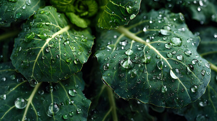 Closeup of vibrant green leaves with water droplets natures beauty.