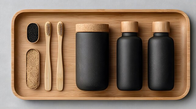 Sleek, top-down view of a modern bathroom accessory tray holding two bamboo toothbrushes and minimalist matte black bottles on a white surface.
