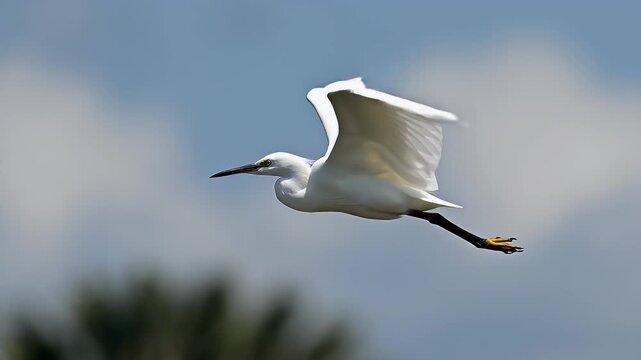 A majestic white egret soars gracefully through a softly clouded sky, its pristine plumage brilliant against the blue. This elegant wading bird glides with freedom and poise, its wide wingspan and dis