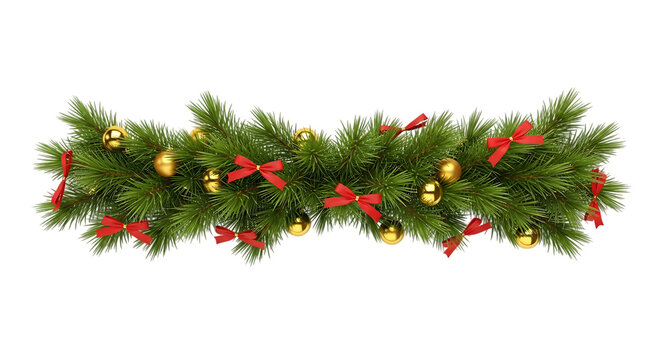 Festive christmas garland with red bows and golden ornaments isolated on transparent background