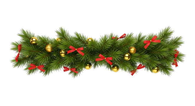 Festive christmas garland with red bows and golden ornaments isolated on transparent background
