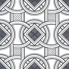 Hand-drawn geometric lines and shapes in monochrome black and white, seamless modern pattern