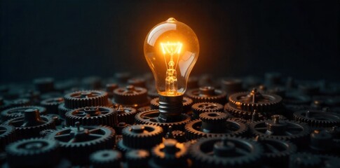 The Spark of Innovation A Glowing Lightbulb Emerging from a Scattered Pile of Gears and Cogs, Symbolizing Mechanical Problem Solving and Ingenuity. A single, brilliantly lit incandescent lightbulb is