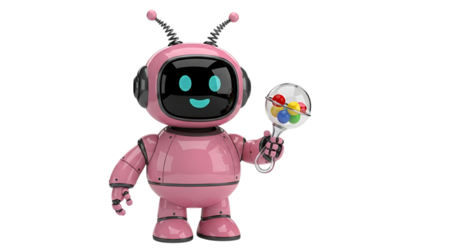 Cute pink robot holding a colorful maraca isolated on transparent background