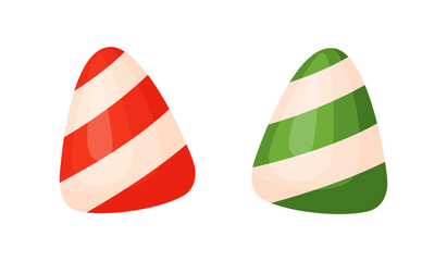 Two conical candy with diagonal stripes, red and white and green and white. Colorful flat style vector illustration. For holiday treats, festive packaging, seasonal decor, and sweet food advertising.