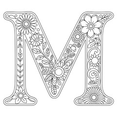 Floral Letter M Coloring Page, Decorative Alphabet Outline with Flowers and Leaves, Botanical Monogram Coloring Design