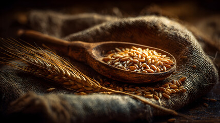 Closeup of wheat grains in wooden spoon on burlap sack.