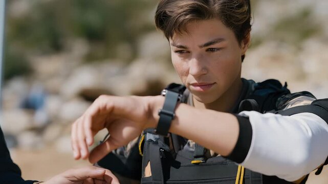Disabled athlete testing exoskeleton with engineer guiding adjustments for optimal movement &mdash; concept of adaptive sports innovation, human-technology empowerment, and inclusive engineering for