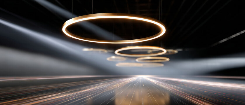 Futuristic glowing circular light rings suspended in dark space with dynamic light streaks and beams creating a high-tech abstract atmosphere