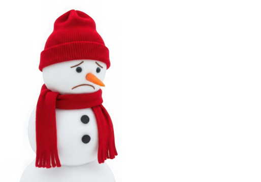 Sad snowman with red hat and scarf isolated on transparent background