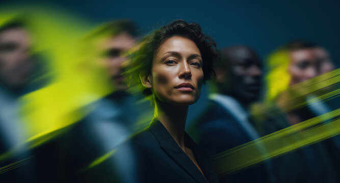 Calm executive woman stands still amid fast moving team under vivid green light trails