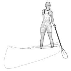 A determined woman stands in a canoe, holding a paddle and wearing a life jacket. The boat is illustrated in a clean contour sketch style against a white background.