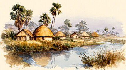 Watercolor, illustration of traditional African huts in a village by the river