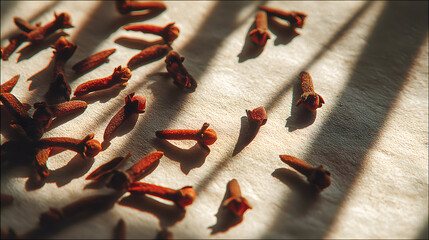 Closeup shot of dried cloves scattered on a wooden surface.