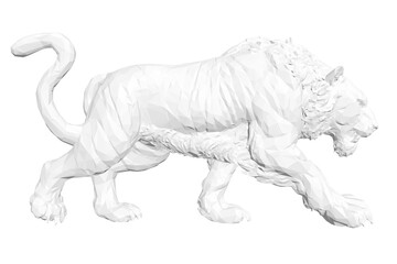 Low poly white tiger roaring fiercely with alert eyes and open mouth. Realistic fur details contrast sharply against the plain white background.