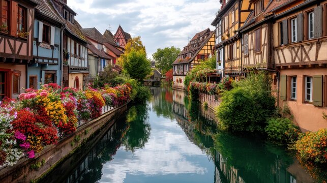 Colorful half-timbered houses line a calm canal, reflecting the clear sky. Beautiful European village scene for travel and tourism.
