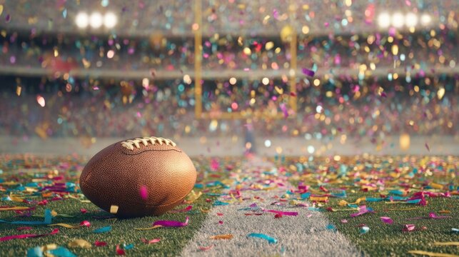 American football on a stadium field with falling colorful confetti. Celebration of victory, championship concept for sports event or Super Bowl.
