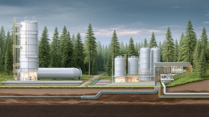 Industrial plant with storage tanks in a forest environment. Concept of natural gas and oil production, transportation, and underground pipeline infrastructure.