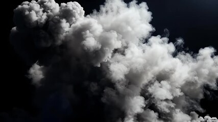 A massive plume of dense white and grey smoke billows and expands against a stark black background. The turbulent, high-contrast cloud grows with dramatic force, suggesting a powerful explosion, indus - Powered by Adobe