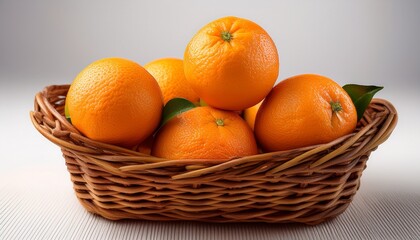 freshly harvested oranges in a woven basket on light background