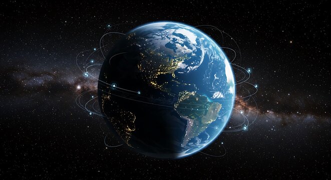 The earth seen from space, with glowing city lights and network connections spanning continents, highlighting global connectivity