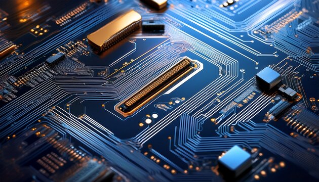 close up view of circuit board with electronic components and traces