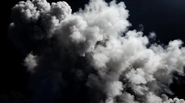 A massive plume of dense white and grey smoke billows and expands against a stark black background. The turbulent, high-contrast cloud grows with dramatic force, suggesting a powerful explosion, indus