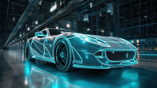 Sport car model with blue wireframe creating a 3d render digital design. Automotive engineering with a future technology concept for vehicle design.