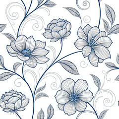 seamless floral background, Line-Art Floral Pattern with Continuous Single-Stroke Flowers