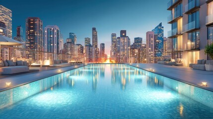 Fototapeta premium Rooftop infinity pool overlooking a modern city skyline at dusk with skyscraper lights reflecting in the water. Luxury lifestyle and travel backdrop.