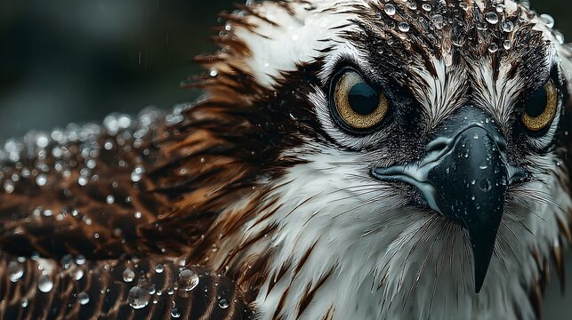 Stunning, sharp portrait of an osprey looking directly into the camera, its intense gaze and detailed, wet feathers captured in fine detail.