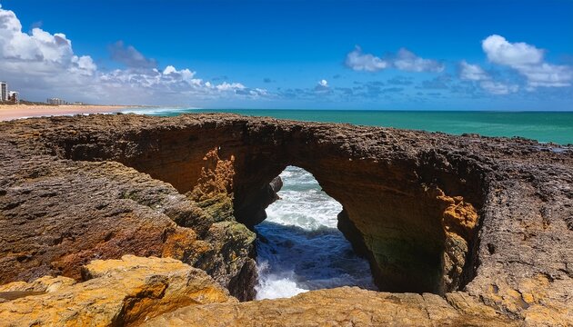 dramatic rock face with a gaping hole carved out by the relentless ocean waves against the vibrant blue sky above on the pristine beach of jericoacoara hole jericoacoara
