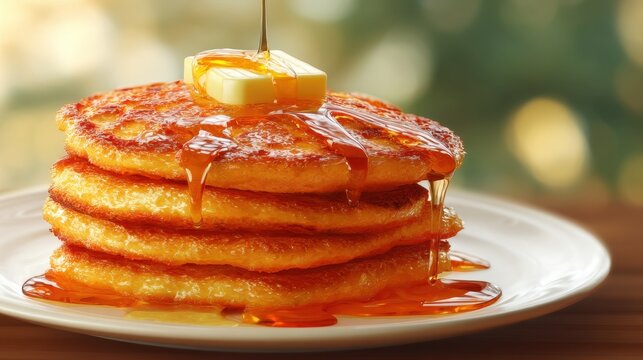 Stack of golden pancakes with melting butter and pouring syrup. Delicious breakfast or brunch concept for food and recipe imagery.
