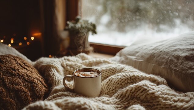 Cozy winter morning with steaming coffee and knitted blankets.