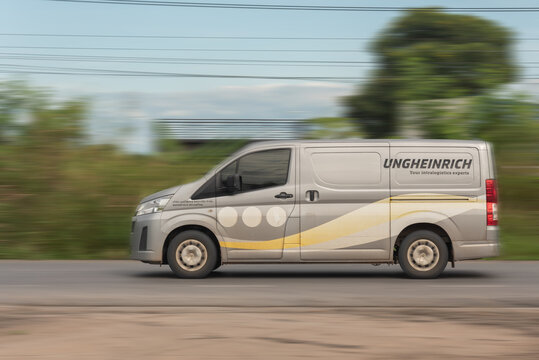 Nakhonsawan, Thailand - Oct, 2025: Toyota HiAce, A gray car to speed running on the highway, on October 24, 2025, at Nakhon Sawan, Thailand.