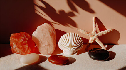 Collection of Seashells Starfish and Polished Stones on Display.