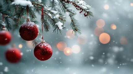 Red sparkling Christmas ornament hanging on a snowy fir tree branch with blurred bokeh background. Winter holiday decoration for greeting card design.