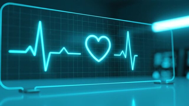 Dynamic, glowing blue ECG waves are displayed on a futuristic monitor, showing vital signs and a stylized heart symbol integrated into the heartbeat rhythm.
