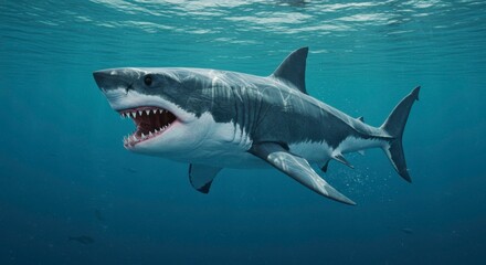 Great White Shark underwater swimming with its mouth open showcasing teeth