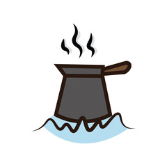 Steaming cezve atop pale blue shapes suggests hot aromatic coffee is brewing on white background