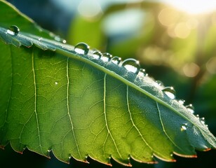 close up of dewy green leaf with water droplets in nature