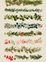 Elegant watercolor botanical arrangement of various winter foliage including pine, holly, and eucalyptus for festive decor