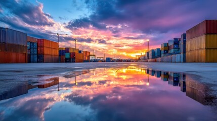 Shipping container yard at sunset with vibrant sky reflection in the wet ground, symbolizing global logistic and freight transportation.