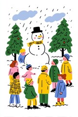 Cheerful Winter Scene with Children Creating a Snowman Surrounded by Pine Trees and Light Snowfall