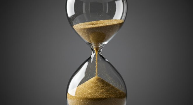 Hourglass with golden sand flowing, symbolizing time and deadlines with dark background evokes