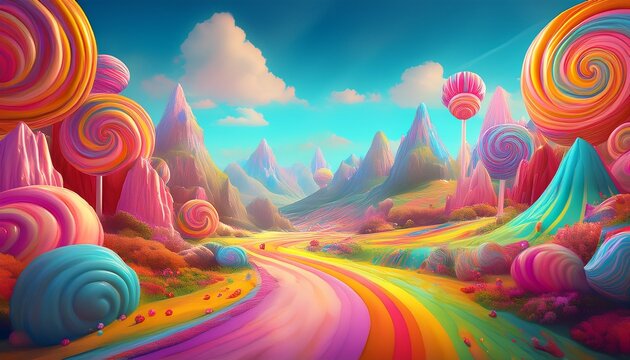 a vibrant and whimsical render of a sugary candy land landscape candy sweets rainbow fantasy colors dessert sugar