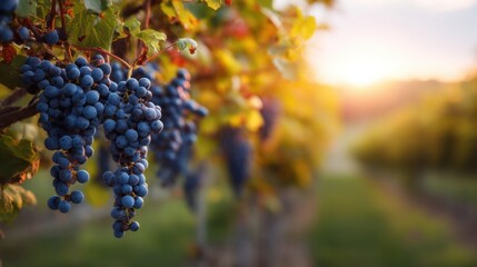Ripe red grape hang on vine at vineyard during sunset. Autumn harvest season for winemaking and fresh fruit production. Beautiful rural landscape.